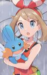  1girl :o bare_shoulders blue_eyes bow brown_hair eyelashes hair_bow highres holding holding_pokemon looking_at_viewer may_(pokemon) mudkip open_mouth pokemon pokemon_(creature) pokemon_oras rain red_bow red_shirt sarada_(supersarada_zin) shirt sleeveless sleeveless_shirt upper_body 