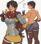  2girls armor berserk blue_shorts bob_cut brown_gloves brown_thighhighs cape casca_(berserk) gloves highres holding holding_sword holding_weapon multiple_girls muscular muscular_female red_cape short_hair shorts simple_background sword thighhighs weapon white_background yellow_eyes yoracrab 