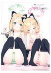  2girls :o absurdres animal_ear_headphones animal_ears black_bra black_panties black_thighhighs blonde_hair blue_archive blush bow bow_panties bra breasts breath cat_ear_headphones cat_ears cat_tail closed_eyes clothes_hanger collarbone comiket_103 fake_animal_ears green_bow green_bra green_eyes green_halo green_panties hair_bow halo headphones highres holding holding_clothes holding_clothes_hanger kani_biimu knees_up lingerie midori_(blue_archive) momoi_(blue_archive) multiple_girls navel no_shoes non-web_source open_mouth panties pink_bra pink_halo pink_panties red_bow scan short_hair siblings simple_background sisters sitting small_breasts striped_bra striped_clothes striped_panties tail thighhighs twins underwear underwear_only white_background 