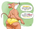 2024 anthro belly biped bottomwear brown_body butt clothing dialogue english_text eyewear geronimo_stilton geronimo_stilton_(series) glasses male mammal moobs mouse murid murine rodent shorts silverscarf simple_background slightly_chubby solo text