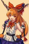  1girl absurdres belt blouse blunt_bangs bow bowtie brown_horns chain chunjiu cube fang hair_bow hand_up highres holding horn_bow horn_ornament horn_ribbon horns ibuki_suika light_blush long_hair looking_at_viewer low-tied_long_hair open_mouth orange_eyes orange_hair pleated_skirt purple_bow purple_ribbon purple_skirt pyramid_(geometry) red_bow red_bowtie ribbon shadow shirt sidelocks simple_background skirt sleeveless sleeveless_shirt touhou upper_body v-shaped_eyebrows very_long_hair white_shirt wrist_cuffs yellow_background 