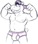 anthro backwards_cap belly briefs briefs_only bulge clothed clothing common_hippopotamus flexing flexing_bicep flexing_both_biceps goronic hi_res hippopotamid male mammal monochrome muscular navel nipples pecs short_tail sketch smile smirk solo tail teeth tongue tongue_out topless underwear underwear_only