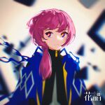  1girl blue_jacket blurry blush depth_of_field expressionless hair_over_shoulder highres hood hood_down hooded_jacket jacket kaf_(kamitsubaki_studio) kamitsubaki_studio long_hair looking_to_the_side low_ponytail multicolored_eyes pink_hair ryuuforkaf solo upper_body virtual_youtuber yellow_pupils 