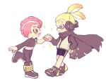  2boys :d agent_3_(splatoon) agent_8_(splatoon) bike_shorts black_cape black_footwear black_jacket black_pants black_shirt blonde_hair blue_eyes boots cape closed_mouth commentary_request cropped_shirt fang full_body green_eyes headphones highres holding_hands inkling inkling_boy inkling_player_character jacket male_focus mei_tyan_n midriff mohawk multiple_boys navel octoling_boy octoling_player_character open_mouth pants red_hair shirt shoes short_hair simple_background single_sleeve smile sparkle splatoon_(series) splatoon_1 splatoon_2 splatoon_2:_octo_expansion tentacle_hair thick_eyebrows topknot torn_cape torn_clothes vest white_background 