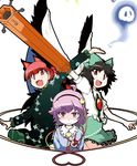  animal_ears arm_cannon black_hair blush bow braid cat_ears dress extra_ears fang ghost golden_pe_done green_bow hair_bow hairband heart kaenbyou_rin komeiji_satori looking_at_viewer multiple_girls outstretched_arms purple_hair red_eyes red_hair reiuji_utsuho skirt skull smile spread_arms third_eye touhou twin_braids weapon 