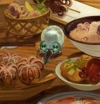  absurdres bowl cephalopod_eyes chopsticks commentary_request food green_eyes highres indoors octopus rice scared smollusk_(splatoon) splatoon_(series) splatoon_3 splatoon_3:_side_order takoyaki tentacles trembling yomotobi 