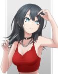  1girl bang_dream! bang_dream!_it&#039;s_mygo!!!!! black_choker black_hair blue_eyes breasts camisole choker cleavage collarbone commentary_request cutting_hair cutting_own_hair ear_piercing earrings hair_between_eyes highres holding holding_scissors jewelry long_hair medium_breasts necklace parted_lips piercing red_camisole scissors solo temple_o_dragon upper_body yahata_umiri 