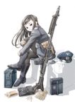  artist_request boots brown_hair copyright_request gun hat long_hair machine_gun mg34 military pantyhose peaked_cap sitting solo uniform weapon 