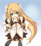  artist_request blue_eyes brown_hair detached_sleeves flower gloves hands_on_hips long_hair lowres marta_lualdi smile tales_of_(series) tales_of_symphonia tales_of_symphonia_knight_of_ratatosk thighhighs 