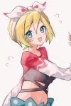  1girl :d absurdres asatte_3z black_shirt blonde_hair blue_eyes blue_shorts bow_hairband hair_between_eyes hairband highres irida_(pokemon) irida_(special_costume)_(pokemon) long_sleeves looking_at_viewer midriff navel open_mouth pokemon pokemon_masters_ex red_shirt shirt short_hair shorts smile solo sweat twitter_username undershirt upper_body white_background white_hairband 