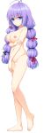  1girl antenna_hair arm_grab barefoot blank_censor blue_eyes breasts censored collarbone completely_nude expressionless full_body fuyuichi_monme hair_ribbon highres huge_breasts koibana_ren&#039;ai long_hair navel nipples non-web_source nude official_art photoshop_(medium) ribbon standing tachi-e transparent_background twintails yuugure_tokoyo 