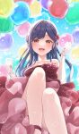  1girl artist_name balloon blue_hair blue_sky blush commentary_request dress feet_out_of_frame frilled_dress frills hinata_mizuiro holding holding_balloon knees_up long_hair looking_at_viewer off_shoulder open_mouth project_sekai red_dress shiraishi_an sky smile solo strapless strapless_dress yellow_eyes 
