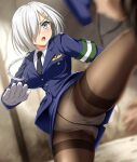  1girl 1other absurdres alternate_costume armband black_necktie black_pantyhose blue_eyes blue_jacket blue_shirt breasts commentary_request cowboy_shot gloves grey_hair hair_ornament hair_over_one_eye hairclip hamakaze_(kancolle) high_kick highres jacket kantai_collection kicking large_breasts miniskirt motion_blur necktie panties panties_under_pantyhose pantyhose pantyshot police police_uniform policewoman shirt short_hair skirt thighband_pantyhose underwear uniform variant_set white_gloves white_panties zanntetu 