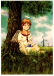  1girl abe_yoshitoshi absurdres angel angel_wings book brown_eyes brown_hair brown_sailor_collar bug butterfly closed_mouth cloud day dress feathered_wings grass haibane_renmei halo highres holding holding_book neckerchief non-web_source orange_sailor_collar outdoors rakka_(haibane) red_neckerchief sailor_collar scan shirt short_hair short_sleeves sitting sky solo tree under_tree white_butterfly white_shirt wind_turbine wings 