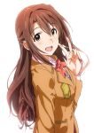  1girl :d blazer bow bowtie brown_eyes brown_hair brown_jacket idolmaster idolmaster_cinderella_girls jacket long_hair long_sleeves looking_at_viewer one_side_up open_mouth red_bow school_uniform shimamura_uzuki simple_background smile solo taku1122 upper_body v white_background 