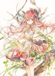  1girl bow branch dress flower food fruit hair_between_eyes hair_bow kazuka leaf long_hair looking_at_viewer original painting_(medium) pink_hair pomegranate puffy_sleeves red_eyes red_hair short_sleeves solo traditional_media watercolor_(medium) white_background white_dress 