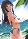  1girl :o absurdres asashio_(kancolle) ass bare_shoulders beach bikini black_hair blue_bikini blue_eyes blue_sky blurry blurry_foreground blush breasts cloud cowboy_shot day dutch_angle from_behind halterneck highres horizon kantai_collection long_hair looking_at_viewer looking_back micro_bikini mtu_(orewamuzituda) non-web_source ocean open_mouth outdoors page_number scan side-tie_bikini_bottom sky small_breasts smile solo standing string_bikini swimsuit tree water 