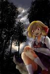  1girl ascot black_vest blonde_hair darkness forest hair_ribbon jpspjp nature open_mouth red_ascot red_eyes red_footwear ribbon rumia sitting skirt skirt_set sky socks solo touhou tree vest white_socks 