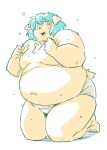 2024 anthro belly big_belly blue_hair blush bodily_fluids canid canine canis clothing domestic_dog hair kemono male mammal moobs overweight overweight_male simple_background solo sweat takagi_kyou underwear