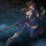  armor armored_dress asuru_(armor) beltbra blue breasts brown_eyes brown_hair cleavage curvy earrings elbow_gloves gloves gun hairband jewelry large_breasts long_hair monster_hunter rifle solo thighhighs wancozow weapon zettai_ryouiki 