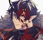  1boy arknights black_coat black_shirt blood blood_on_clothes blood_on_face blue_hair chimi_(s8s8_bb) coat commentary earrings eyeliner flamebringer_(arknights) fur-trimmed_coat fur_trim horns infection_monitor_(arknights) jewelry makeup male_focus material_growth orange_eyes oripathy_lesion_(arknights) pointy_ears portrait shirt simple_background single_horn solo surprised upper_body white_background 