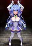  1girl aqua_eyes armlet armpits arms_up blue_dress blue_footwear blue_hair blue_skirt boots breasts brick brick_floor chain cleavage cleavage_cutout clothing_cutout covered_navel dress elbow_gloves exs-tia full_body gem gloves hair_intakes headgear highres katsuragi_marina kouyoku_senki_exs-tia looking_at_viewer multicolored_clothes multicolored_dress multicolored_skirt pleated_skirt restrained skirt solo white_dress white_footwear white_gloves zettai_ryouiki 