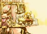  aki_minoriko aki_shizuha antennae blonde_hair book broom chair child couch cup eating food green_hair hat hat_ribbon kirisame_marisa multiple_girls patchouli_knowledge purple_eyes purple_hair reading ribbon table touhou upg witch_hat wriggle_nightbug 