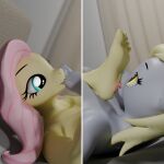 1:1 3d_(artwork) anthro bamb00 barefoot bed blonde_hair blue_eyes collage derpy_hooves_(mlp) digital_media_(artwork) duo equid equine feet female female/female fluttershy_(mlp) foot_fetish foot_lick foot_play friendship_is_magic furniture grey_body hair hasbro hi_res horse licking lying mammal my_little_pony mythological_creature mythological_equine mythology nude nude_female on_back on_bed pink_hair pony soles toe_lick toes yellow_body yellow_eyes