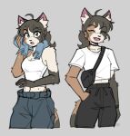  1girl ^_^ animal_ear_fluff animal_ears artist_name black_choker black_fur black_pants blue_pants body_fur breasts brown_fur calli_(vee_(427deer)) camisole cat_ears cat_girl cat_tail choker closed_eyes cowboy_shot cropped_shirt fang fanny_pack furry furry_female grey_background hand_in_pocket highres looking_at_viewer medium_breasts multiple_views open_mouth original pants shirt surprised tail towel towel_around_neck vee_(427deer) white_camisole white_fur white_shirt wiping_sweat 