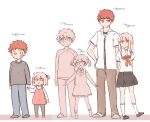  1boy 1girl aged_down arms_at_sides arms_behind_back bandaid bandaid_on_face black_skirt blonde_hair blue_pants brown_footwear brown_pants character_age child dress emiya_shirou fate/kaleid_liner_prisma_illya fate_(series) full_body hair_ornament hand_on_own_hip height highres homurahara_academy_school_uniform illyasviel_von_einzbern loafers long_hair long_sleeves one_side_up orange_hair pants pinafore_dress red_eyes saihara school_uniform shirt shoes short_hair short_sleeves short_twintails simple_background skirt sleeveless sleeveless_dress smile socks standing star_(symbol) star_hair_ornament sweatdrop twintails white_background white_shirt white_socks yellow_eyes 