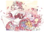  :d brown_hair clefairy dress flower frilled_dress frilled_sleeves frills gen_1_pokemon gen_3_pokemon happy head_wreath jigglypuff looking_back nishihara_isao odamaki_sapphire open_mouth petals pikachu pokemon pokemon_(creature) pokemon_special rattata skitty smile too_many too_many_flowers white_dress 