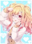 1girl :p artist_name bespectacled blonde_hair blush cardigan coat commentary_request get_over_it._(project_sekai) glasses gradient_hair hair_ornament hairclip hand_on_own_head hinata_mizuiro id_card lab_coat long_hair long_sleeves looking_at_viewer multicolored_hair one_eye_closed open_clothes open_coat pink_eyes pink_hair project_sekai round_eyewear scientist solo sweater tehepero tenma_saki tongue tongue_out twintails white_coat yellow_cardigan yellow_sweater 