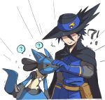  !? &gt;_&lt; 1boy ? artist_name black_cape black_hair blue_fur blue_gloves cape closed_mouth commentary_request gloves hat highres lucario male_focus niyasu pokemon pokemon:_lucario_and_the_mystery_of_mew pokemon_(anime) pokemon_(creature) pokemon_rse_(anime) short_hair simple_background sir_aaron spikes spoken_question_mark tail white_background 