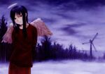  1girl abe_yoshitoshi absurdres arms_behind_back bare_tree black_eyes black_hair closed_mouth cloud feathered_wings haibane_renmei halo highres long_hair long_sleeves looking_at_viewer non-web_source pants purple_sky red_pants red_shirt reki_(haibane) scan shirt sidelocks sky solo standing tree white_wings wind_turbine wings 