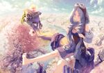  1girl barefoot blue_eyes breasts cherry_blossoms cloud day flower garutaisa goggles goggles_on_head grey_hair long_hair medium_breasts on_branch original outdoors telescope tree very_long_hair 