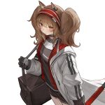  1girl absurdres angelina_(arknights) animal_ears arknights bag black_bag black_collar black_gloves brown_hair closed_mouth coat collar duffel_bag earpiece fox_ears fox_girl gloves hairband hashtag_only_commentary highres holding holding_staff infection_monitor_(arknights) jacket long_hair long_sleeves looking_at_viewer material_growth open_clothes open_coat oripathy_lesion_(arknights) red_eyes red_hairband roupo99 shirt shorts simple_background sky smile solo staff striped_clothes striped_hairband twintails two-tone_hairband white_background white_coat 
