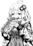  1girl absurdres ahoge blush braid dress eating fingernails food greyscale hair_ornament hatching_(texture) highres holding holding_food hot_dog jacket kizuna_akari kuso_buta_gomi_yarou long_hair long_sleeves monochrome open_clothes open_jacket open_mouth simple_background solo twin_braids upper_body voiceroid white_background 