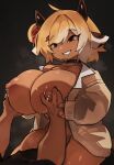 animal_humanoid areola big_breasts blonde_hair bodily_fluids bovid bovid_humanoid bovine bovine_humanoid breast_grab breasts cattle_humanoid clothing collar dark_body dark_skin duo female hair hand_on_breast hi_res horn horned_humanoid huge_breasts human humanoid jacket lactating looking_at_another looking_at_partner male male/female mammal mammal_humanoid nipples red_eyes short_stack sitting_on_another smile topwear unknown_character zanamaoria