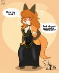 anthro belly big_butt black_arms black_body black_clothing black_dress black_ears black_fur black_legs breasts butt canid canine clothing confusion dress female fox fur hair hi_res hollow_hip_dress looking_at_viewer mammal orange_body orange_fur orange_hair red_eyes sillynikoarts_(artist) small_breasts solo speech_bubble tail text thick_thighs vii_fox_(silyniko) wide_hips