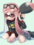  1girl aqua_background black-framed_eyewear black_sweater blue_hair closed_mouth commentary_request gradient_hair gun highres holding holding_gun holding_weapon inkling inkling_girl inkling_player_character long_hair luna_blaster_(splatoon) multicolored_hair nastar_r0 pink_hair pointy_ears print_sweater red_eyes simple_background sitting smile solo splatoon_(series) splatoon_3 sweater tentacle_hair thick_eyebrows two-tone_hair weapon 