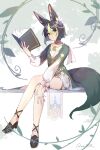  1boy animal_ear_fluff animal_ears black_hair blush book closed_mouth cosplay crossed_legs english_commentary fox_boy fox_ears fox_tail full_body genshin_impact gold_choker green_hair hair_between_eyes hair_ornament highres holding holding_book jewelry lisa_(a_sobriquet_under_shade)_(genshin_impact) lisa_(genshin_impact) lisa_(genshin_impact)_(cosplay) long_sleeves looking_at_viewer male_focus multicolored_hair open_book otoko_no_ko plant sitting solo tail thighlet tighnari_(genshin_impact) twitter_username vines vision_(genshin_impact) wai1010 