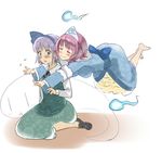  blush closed_eyes floating full_body ghost hat hitodama konpaku_youmu konpaku_youmu_(ghost) mugishima_orie multiple_girls pink_hair saigyouji_yuyuko short_hair silver_hair simple_background surprised touhou triangular_headpiece white_background wide-eyed yuri 