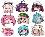  6+girls ahoge aimitsu_(ibityuttyu) anger_vein averting_eyes blonde_hair blue_eyes blue_hair blush brown_hair chibi closed_eyes closed_mouth copyright_name cross-shaped_pupils disembodied_head double_bun drill_hair drooling flying_sweatdrops forehead_tattoo full-face_blush hair_bun hair_over_one_eye hat heart heart_ahoge heavy_breathing highres leberblume leoparde_(mahou_shoujo_ni_akogarete) loco_musica magia_azure magia_baiser magia_magenta magia_sulfur mahou_shoujo_ni_akogarete military_hat mouth_drool multicolored_hair multiple_girls nero_alice open_mouth pink_eyes pink_hair purple_hair red_eyes star_tattoo streaked_hair symbol-shaped_pupils tattoo twin_drills 