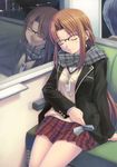  brown_hair closed_eyes coat digital_media_player glasses highres hiiro_yuki ipod long_hair non-web_source original plaid plaid_scarf plaid_skirt reflection scan scarf school_uniform skirt sleeping sleeping_upright solo sweater_vest train_interior vest 