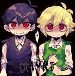  2boys antenna_hair arms_at_sides artist_name basil_(faraway)_(omori) basil_(omori) black_background black_hair black_sweater_vest blonde_hair clenched_teeth collared_shirt copyright_name green_sweater_vest hair_behind_ear hair_between_eyes hand_on_own_chest looking_at_viewer looking_up multiple_boys official_alternate_eye_color omori red_eyes repikinoko scared shaded_face shirt short_hair short_sleeves something_(omori) straight-on sunny_(omori) sweat sweater_vest teeth white_shirt 
