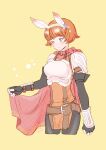  1girl animal_ears armor belt blush breastplate brown_eyes brown_hair cape commentary_request cropped_legs dorothy_(fire_emblem) fake_animal_ears fire_emblem fire_emblem:_the_binding_blade rabbit_ears red_cape short_hair shoulder_armor simple_background urihara84 yellow_background 