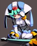  1girl armor crotch_plate forehead_jewel green_eyes grey_background helmet highres kneeling mega_man_(series) mega_man_zx model_w_(mega_man) pandora_(mega_man) red_eyes shu_salmon simple_background solo tears twitter_username white_armor white_headwear 