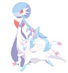  alternate_color blue_hair bob_cut bow bowtie colored_skin dress fang from_side gardevoir hair_over_one_eye multicolored_fur multicolored_skin open_mouth orange_eyes pokemon pokemon_(creature) shiny_pokemon simple_background sorashiramu sylveon two-tone_skin white_background white_dress white_skin 