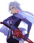  1other a_(xenoblade) armored_bodysuit blue_eyes blue_hair core_crystal_(xenoblade) curtained_hair earrings glowing highres holding holding_sword holding_weapon jewelry long_hair parted_lips simple_background solo standing sword tomorimoriri weapon white_background xenoblade_chronicles_(series) xenoblade_chronicles_3 xenoblade_chronicles_3:_future_redeemed 