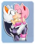 amy_rose anthro anthro_on_anthro armwear bat blush breast_squish breasts clothing cosplay duo elbow_gloves eulipotyphlan eye_contact female female/female french_kissing gloves handwear hedgehog hi_res interspecies kiss_on_lips kissing lluanhyperzero looking_at_another mammal rouge_the_bat sega simple_background sonic_the_hedgehog_(series) squish surprised_expression tail tan_body tan_skin wide_eyed wings